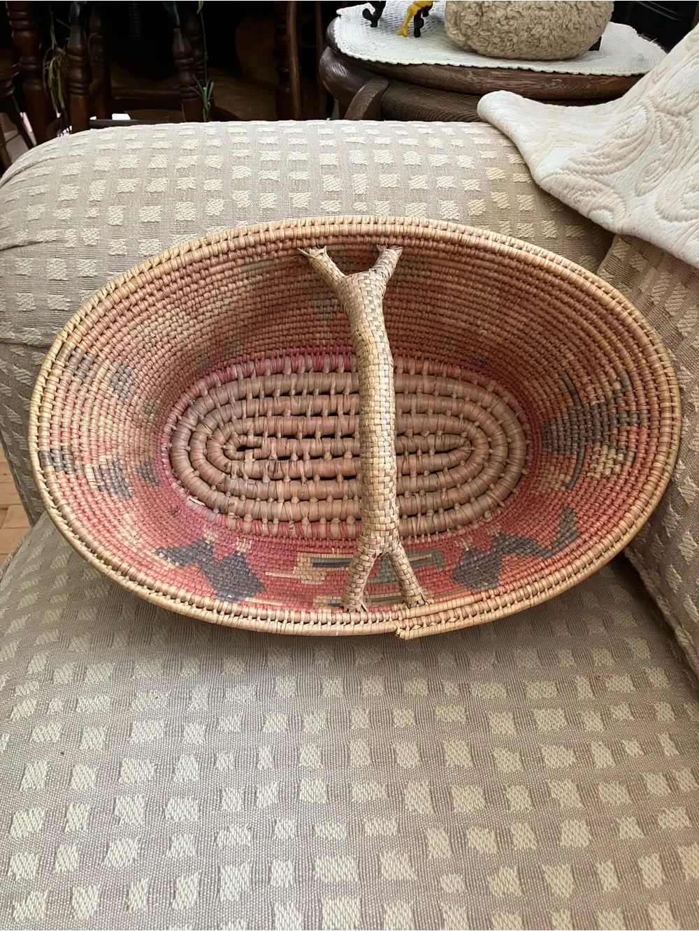Vintage basket with Roosters Hand-crafted in Mexico traditional Toluca